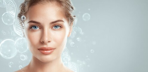 Beautiful Woman with Clear Skin and Dna Strand Graphic