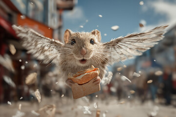 Flying Rat with Sandwich in Urban Street Scene