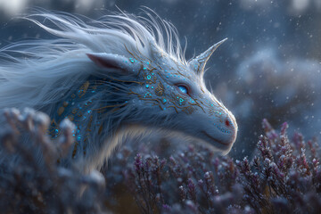 Majestic Dragon-Unicorn Hybrid in Snowy Landscape