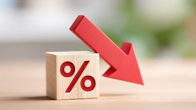 Red arrow pointing down beside wooden block with percentage symbol represents decrease in interest rate that may lead to bankruptcy concerns in financial contexts