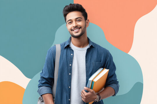 young indian male college student holding books standing on colourful background