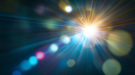 Realistic bright lens flare effect in high definition with glowing light beams, glare, bokeh circles and radial rays on black background, ideal for compositing and enhancing digital visual projects