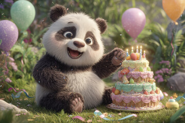 Happy Baby Panda Celebrating Birthday with Cake