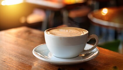 Obraz premium closeup image of hot coffee cup on vintage wooden table in cafe copy space available