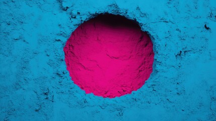 A vibrant blue background features a circular cutout revealing striking pink powder, creating a bold contrast ideal for designs in advertising, art projects, or social media content,