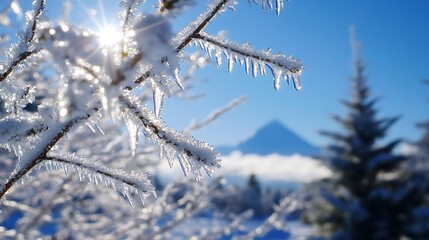 Obraz premium Frozen tree branch with icicles against a bright winter sun and mountain backdrop