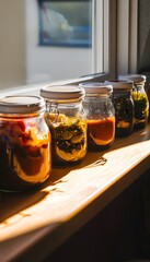 Reused glass containers filled with homemade sauces and ferments under sunlight through kitchen window