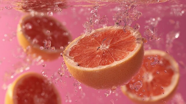 Sliced grapefruits splashing into water against a pink background