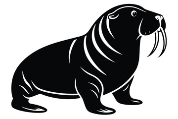 of a stout walrus with prominent tusks depicted in solid black