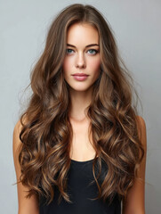 young beautiful woman standing with log brown hair