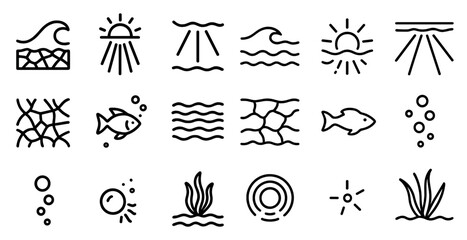 Obraz premium Marine life outline icons set – aquatic symbols, sea and ocean line art collection