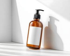  Amber Glass Pump Bottle Mocup with White Label in Bathroom Setting