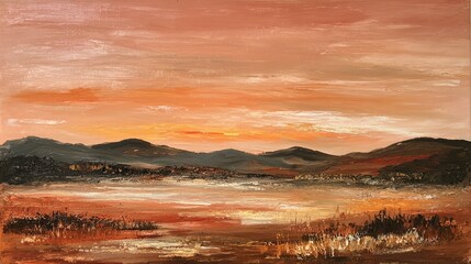 Serene desert sunset oil painting with bold brushstrokes and warm color tones expressing tranquility, vast landscape, and golden hour atmosphere in abstract artistic style

