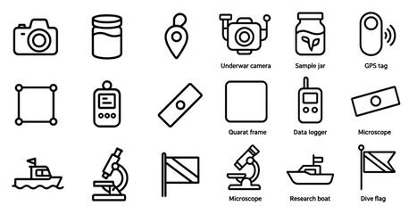 Marine research line icons set &ndash; underwater, gps, and scientific exploration symbols