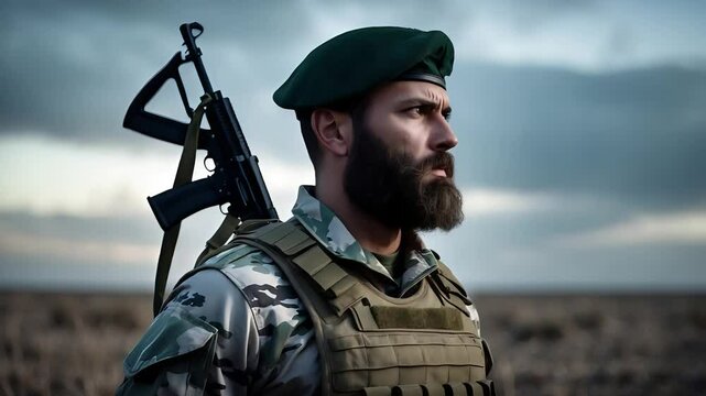 Bearded soldier in camouflage uniform and green beret standing alert in open field with rifle on shoulder under dramatic cloudy sky


