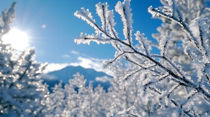 Ice crystals on tree branches gleam under a bright winter sun against blue sky