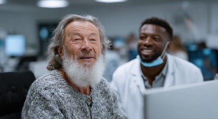 doctor engages with an older patient in a medical office. patient, with a friendly expression and white beard, sits comfortably while the doctor, wearing a lab coat and mask, smiles