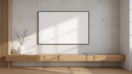 Modern Minimalist Interior Design Mockup Blank Frame on Wooden Console
