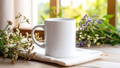 White ceramic mug on linen cloth beside wildflowers, rustic table mockup with natural window light