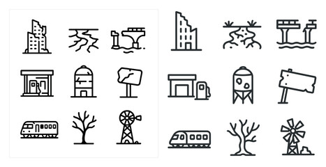 Urban disaster outline icons set – linear, silhouette, city emergency symbols