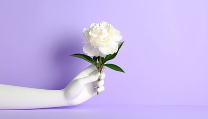 White ceramic hand holding a blooming peony, placed against a lavender background with soft shadows