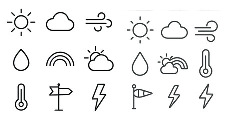 Weather outline icons set – simple, linear climate and forecast symbols
