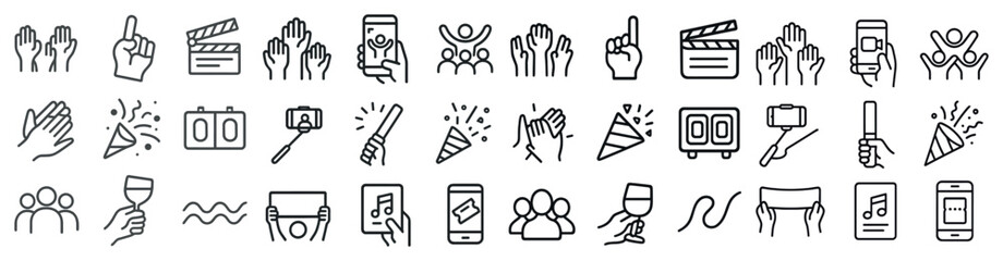 Fototapeta premium Gesture and entertainment line icons set – outline, linear, party and communication symbols