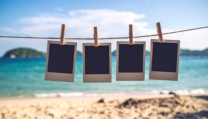 Polaroid photos clipped to twine with ocean background, nostalgic coastal travel memory aesthetic