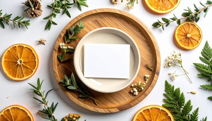 Round wooden tray with ceramic bowl and blank label surrounded by herbs and dried orange slices, organic branding concept