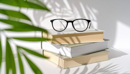 Modern glasses on stacked aesthetic books with palm leaf shadow, soft natural light minimal reading scene