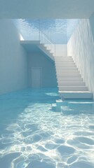 Obraz premium Underwater Staircase in a Modern Building with Clear Blue Water