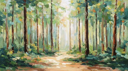 Serene forest clearing atmospheric oil painting with soft expressive brushstrokes creating a tranquil natural landscape ideal for relaxation, calmness, and art therapy ambiance.

