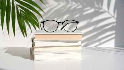 Modern glasses resting on stack of aesthetic books with palm leaf shadow, soft natural light minimal scene