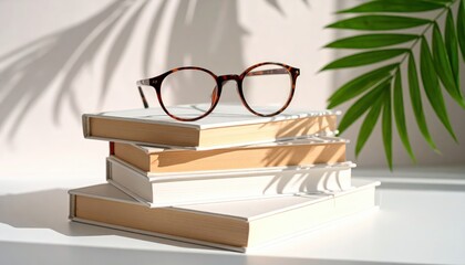 Modern glasses on stacked aesthetic books with palm leaf shadow, minimal natural light reading scene