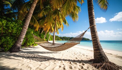 Peaceful beach hammock swaying between palm trees in tropical breeze, serene coastal stillness scene