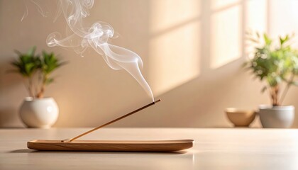 Minimal incense stick with curling smoke trails in abstract shapes on warm neutral background
