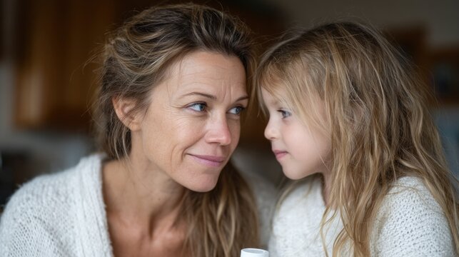 mother and her young daughter are engaged in a warm and loving exchange while sitting indoors. Their expressions reflect joy and connection in a comfortable home environment
