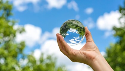 Hand holding clear sphere reflecting blue sky and clouds with blurred green background, dreamy outdoor concept