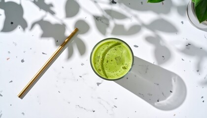 Glass of iced matcha latte with straw casting shadow on terrazzo surface, modern top view drink aesthetic