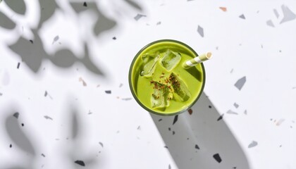 Glass of iced matcha latte with straw casting shadow on terrazzo surface, top view aesthetic beverage concept