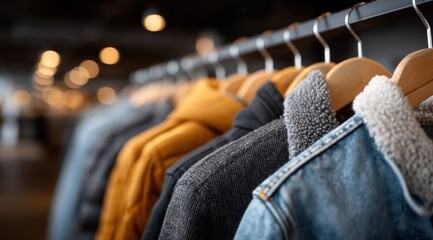 Hangers showcase a variety of outerwear, including a denim jacket and cozy sweaters, in a chic retail environment with soft lighting that creates a pleasant shopping atmosphere