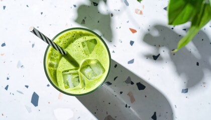 Glass of iced matcha latte with straw casting shadow on terrazzo surface, top view aesthetic drink trend