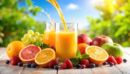 Fresh juice pouring into glass surrounded by assorted fruits with splash effect, vibrant summer drink scene