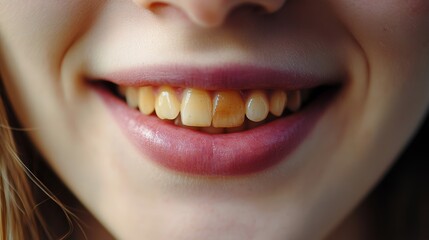 Close-up view of stained human teeth covered with brown plaque caused by long-term smoking, highlighting dental hygiene issues, nicotine damage, and oral health problems