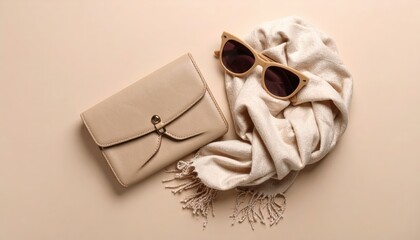 Fashion accessories including sunglasses, scarf, and clutch in tone-on-tone flatlay, summer minimalist trend scene