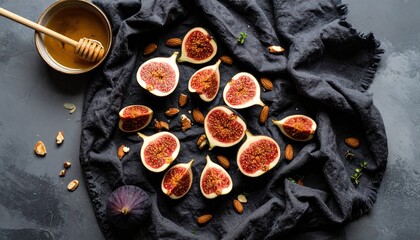 Flatlay of sliced figs, honey dipper, almonds, and linen cloth in a moody organic food scene