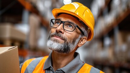 focused warehouse worker wearing an orange safety helmet and vest examines a cardboard box. environment is filled with shelves of products in a large distribution center