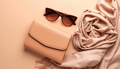 Tone-on-tone flatlay of fashion accessories with sunglasses, scarf, and clutch, summer trend minimalism