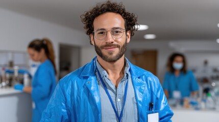 man in a blue lab coat smiles while holding a clipboard, surrounded by fellow healthcare workers engaged in clinical tasks. environment appears modern and well-lit