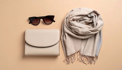 Fashion accessories flatlay with sunglasses, scarf, and clutch in tone-on-tone summer minimal style